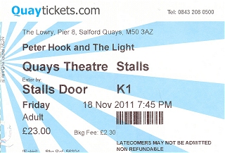 Peter Hook and The Light Salford The Lowry 2011 ticket