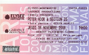 Peter Hook & Section 25 Paris Elyse Montmartre 2008 ticket