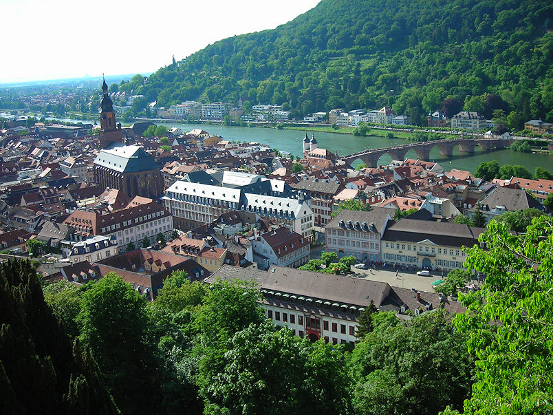 View from castle hill with Heiliggeistkirche, old town & Alte Brücke