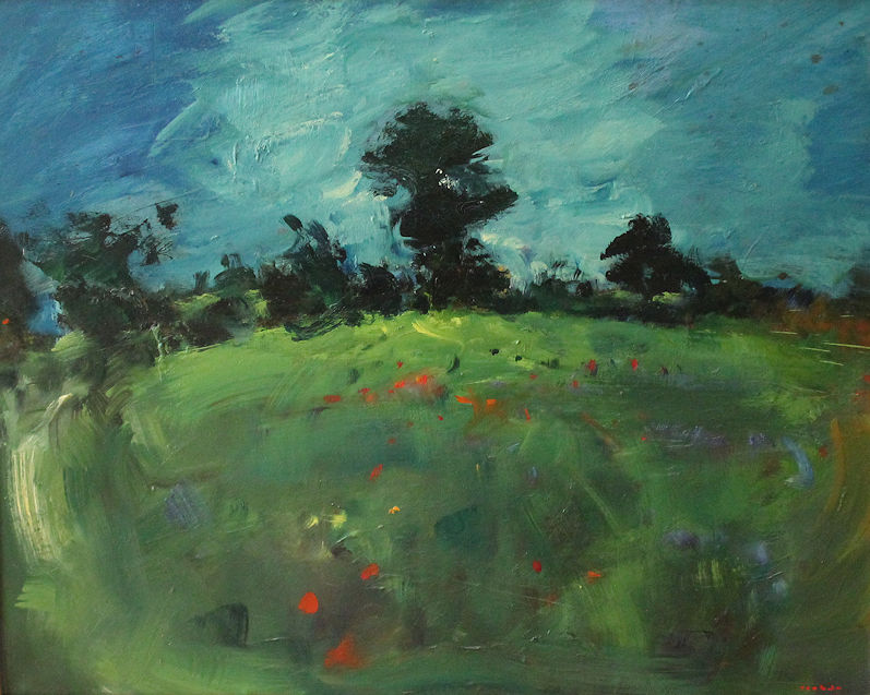 Champ coquelicots bleuets arbres